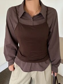 Dazy Plus Striped Fitted Waist Long Sleeve Shirt & Slim Camisole Casual Sexy Top 2 Pieces Set, Spring/Autumn - Brown - View 3