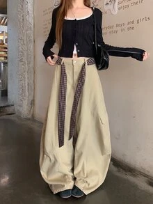 DAZY Celana Jeans Denim Kasual Kotak-kotak Wanita dengan Saku untuk Musim Gugur - Khaki - View 3