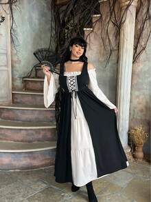 Lyrianda Gaun Cosplay Gaya Eropa-Amerika Model Ikat Bahu Terbuka Lengan Panjang Mengembang Gaya Gothic Ringan Warna Kontras Ukuran Besar untuk Wanita - Hitam dan Putih - View 6