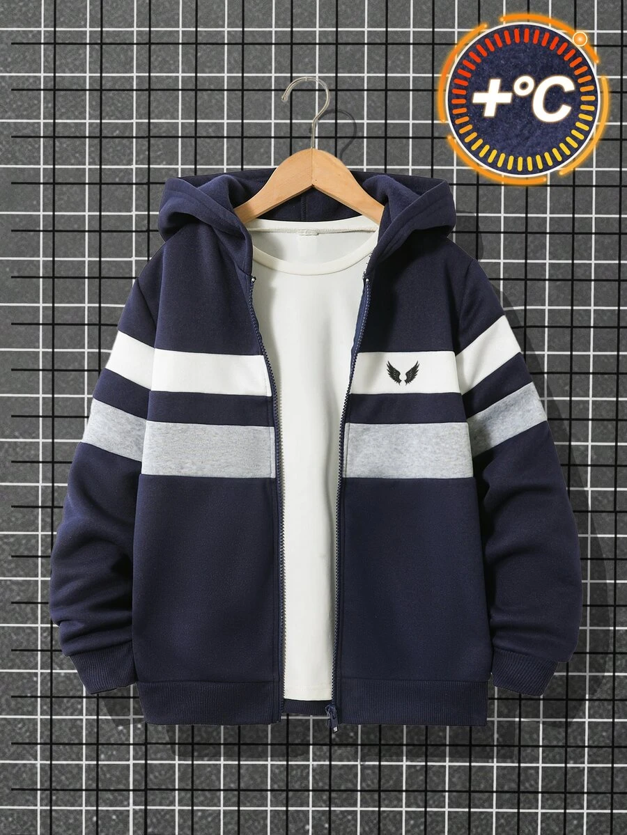 SHEIN Tween Boy Casual Sweatshirt Jacket With Pattern, Comfortable Contrast Color Sweatshirt, Suitable For Autumn, School, Back To School, Street Style - Navy Blue - View 1