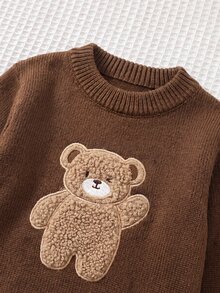 男嬰毛巾刺繡 3D 熊圖案圓領套頭長袖針織衫 - 棕色 - 查看 4