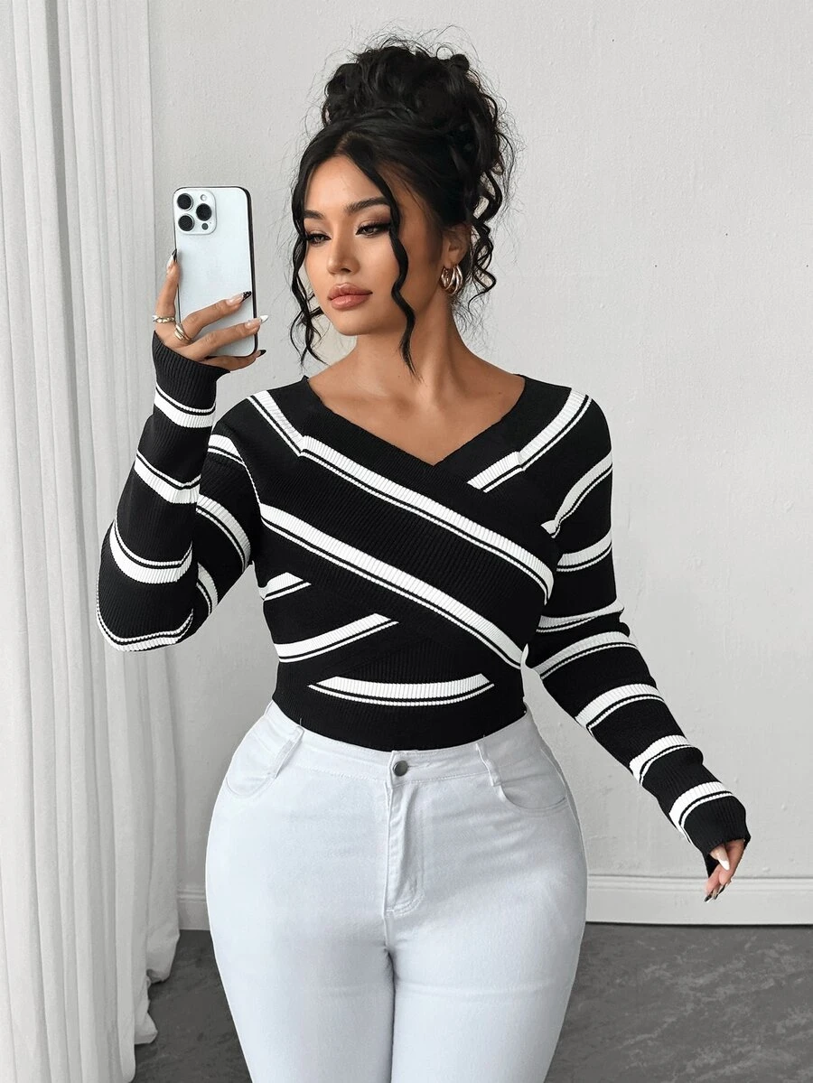 SHEIN Elenzya Plus Size Colorblock Striped Criss-Cross Wrap Sweater - Black - View 1