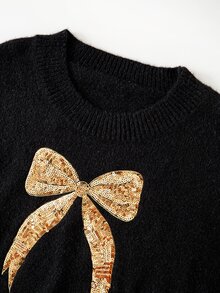 SHEIN Clasi Plus Size Women's Sequin Bow Long Sleeve Casual Pullover Sweater - Black - View 6