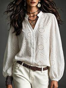 Trelyra Women's Fashion Casual Hollow Embroidery Long Sleeve Blouse - White - View 5