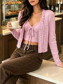 Cévolie Women's 2-Piece Set: Pink Elegant Romantic Early Autumn Knit Long Sleeve Cardigan With Ruffle Trim And Bow Tie Strap Camisole - Pink - View 4
