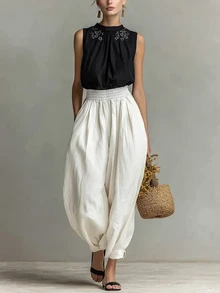 SHEIN Holidaya Vintage Textured Lantern Pants With Elastic Waist And Cuffed Wide Leg, Bohemian Style Beach Vacation Casual Long Pants - White - View 3