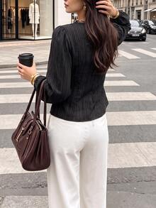 SHEIN PariChic Women's Solid Color Contrast Lace Front Tie Long Sleeve Elegant Blouse - Black - View 2