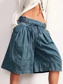 Bohemela Women's Drawstring Waist Pocket Loose Wide Leg Shorts - Medium Wash - View 1