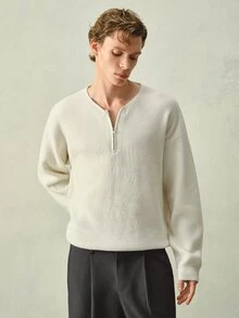 RONVEXI Men's Autumn/Winter Casual Versatile Solid Color Sweater - Beige - View 6