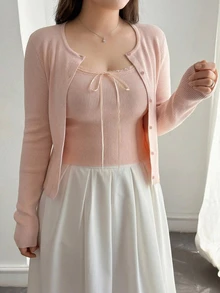 Dazy Plus 2pcs Slim Fit Lace Trim Bow Tie Cami Top & Long Sleeve Open Front Cardigan Casual Korean Style Sweater Set For Girls - Pink - View 3
