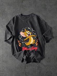 TOM & JERRY X SHEIN SHEIN EZwear 大尺碼休閒卡通印花圓領T恤，適合外出與返校季 - 黑色 - 查看 3