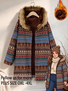 Rusticease Plus Size Women's Striped Long Sleeve Fur Collar Hooded Casual Jacket - Multicolor - View 1