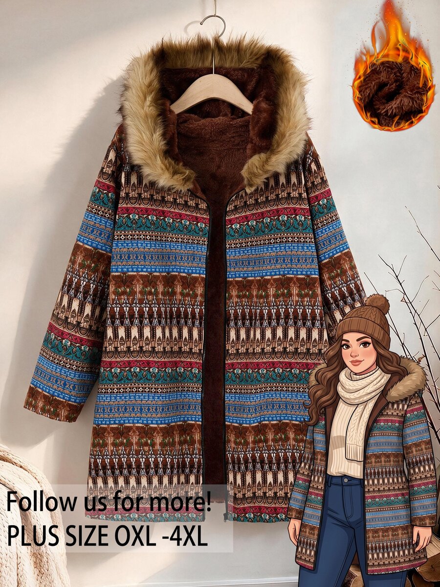 Rusticease Plus Size Women's Striped Long Sleeve Fur Collar Hooded Casual Jacket - Multicolor - View 1
