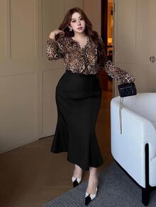 Dazy Plus Plus Size Spring/Autumn New High Waist Back Drawstring Bow Fishtail Elegant Skirt - Black - View 4