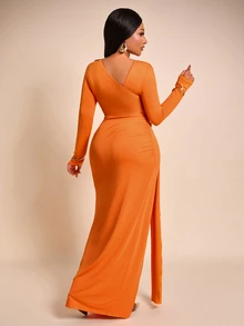 Brilight Mature Elegant Dress Long Sleeve Waist Twist Ruched Metal Buckle Draped Slit Formal Gown Wedding Dinner Cocktail Halloween Burnt Orange Fall - Orange - View 3
