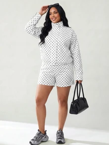 Solavibe Plus Size Women Polka Dot Long Sleeve Jacket And Shorts Casual 2 Pieces Set - Apricot - View 4