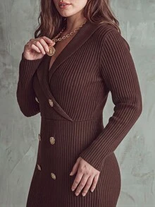 Linhara CURVE فستان ذيل سمكة محبوك مضلع بياقة مزدوجة الصدر مقاس كبير للشتاء - قهوة بني - مشاهدة 6