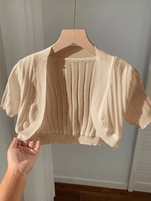 SHEIN EZwear 素色短袖短版針織開襟衫 - 杏色 - 查看 1