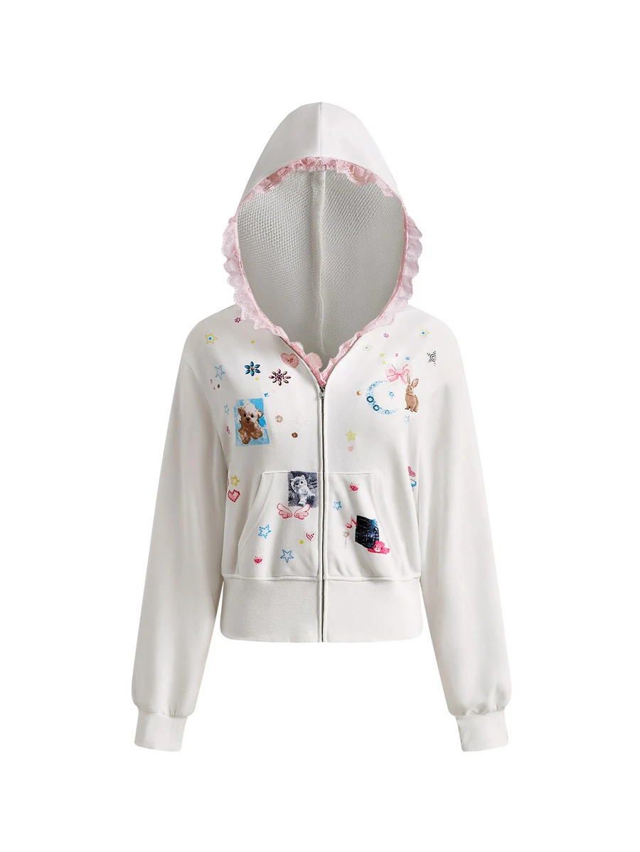 ROMWE Kawaii Women's Cute Girl Fun Print Rhinestone Decor Lace Patchwork 2 In 1 Sweatshirt, Autumn/Winter - White - View 1
