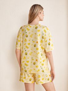 LOONEY TUNES X SHEIN Women's Round Neck Short Sleeve Top And Shorts Pajama Set - Yellow - View 2