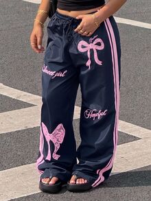 Muchica Plus Size Women's Pink Bow Navy Blue Side Stripe Long Pants - Navy Blue - View 1