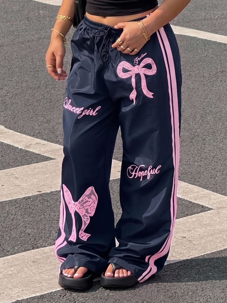 Muchica Plus Size Women's Pink Bow Navy Blue Side Stripe Long Pants - Navy Blue - View 1