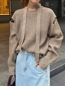 FRIFUL Women's Solid Color Hollow Out Long Sleeve Round Neck Casual Sweater Fall - Khaki - View 2
