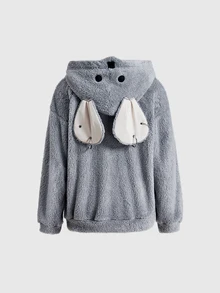 ROMWE Jaket Wanita Regular Motif Tikus Lucu Dua Sisi Bahan Bulu Domba Gaya Punk Jalanan Unik - Dark Grey - View 6