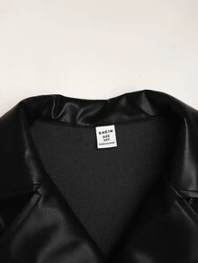 SHEIN 青少年女孩街頭風 PU 金屬拉鍊前開短版黑色仿皮夾克 秋冬款 - 黑色 - 查看 5