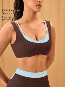 OutZeal Women Sports Bra Gym Yoga Workout Buttery Soft Bra-In Removable Pads Color-Blocked Design Active Top - Brown - View 2