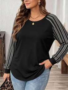 Comfylo Striped Plus Size Women's Casual Raglan Sleeve Round Neck Loose Fit T-Shirt Suitable For Spring And Autumn - Multicolor - View 5