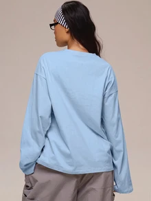 MUSERA 白色圖案 Logo 細節長袖上衣 冬季休閒日常舒適穿搭 女款酷白色上衣 - 淺藍色 - 查看 4