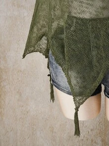 SHEIN ICON 女款大尺碼不對稱下擺流蘇設計寬鬆針織上衣 - 軍綠色 - 查看 5