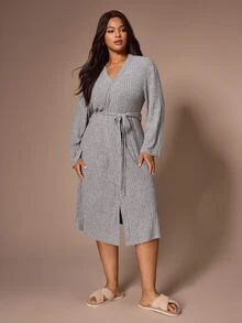 Lazeform Plus Size Women's Comfortable Casual Gray Brushed Ribbed Robe - Grey - View 4