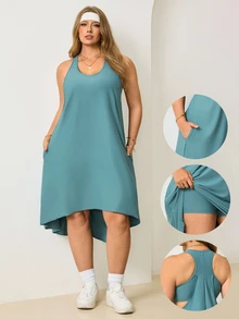 Easithlete Set Gaun dan Celana Pendek Olahraga Kasual Warna Polos Ukuran Plus Wanita - Hijau - View 1