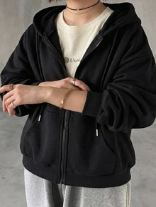 Dazy Plus Sweatshirt Hitam Baru Gaya Blogger Kasual Jalanan Warna Polos dengan Resleting dan Tudung, Cocok untuk Musim Semi/Gugur - Hitam - View 5