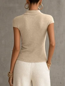 SHEIN New Spring Fall Napoleonic Military Double Breasted Knit Vest Women Stand Collar Full Zip Cap Sleeve S - Khaki - View 2