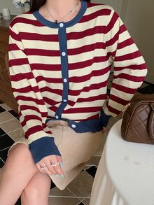 Dazy Plus Contrast Stripe Round Neck Fun Casual Versatile Cardigan Sweater Autumn/Winter New - Red - View 6