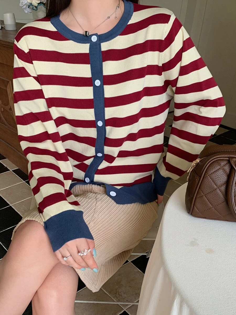 Dazy Plus Contrast Stripe Round Neck Fun Casual Versatile Cardigan Sweater Autumn/Winter New - Red - View 1