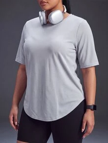 Powerista 女款灰色大尺碼半透鬆身運動T恤，透氣柔軟面料，休閒熱帶風，適合健身運動，夏季秋季四季皆宜 - 淺灰色 - 查看 1