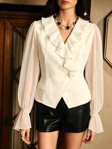 Auvina Women's Plus Size Button Chiffon Patchwork Waist-Cinching Blouse - White - View 1