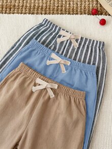 SHEIN 3件組中性嬰兒服飾 男嬰休閒可愛百搭條紋蝴蝶結裝飾鬆緊腰長褲套裝 多件裝 - 彩色 - 查看 6