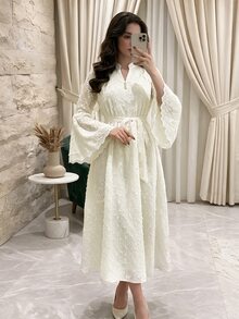 Al Najma Women's Elegant Solid Color Bell Sleeve Arabian Dress - Apricot - View 1