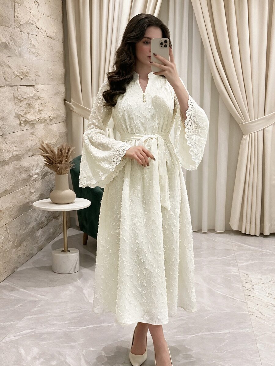 Al Najma Women's Elegant Solid Color Bell Sleeve Arabian Dress - Apricot - View 1
