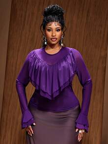Maweii Plus Size Women's Sexy Round Neck Flowy Ruffle Trim Patchwork Long Sleeve Slim Fit Flattering Mesh Solid Purple T-Shirt Fall - Purple - View 5