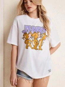 TOM & JERRY X SHEIN Kaos Lengan Pendek Kasual Wanita Motif Kartun Huruf untuk Sehari-hari - Putih - View 6