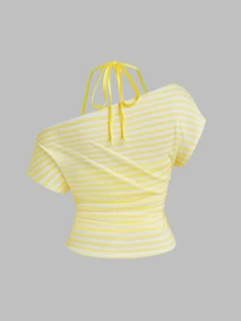 Sweetra Plus Size Striped Asymmetric Neck Spaghetti Strap T-Shirt, Shoulder Exposed, Ruched Waist, Short Length, Sexy Style, Tie Strap, Short Sleeve Top - Yellow - View 2