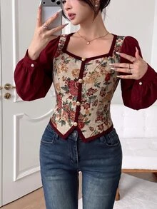 Feyla Blus Gaya Vintage Baru dengan Motif Patchwork Campuran Kain Warna Blok, Serbaguna untuk Sehari-hari, Membentuk Pinggang, Melangsingkan, Cocok untuk Pesta dan Liburan - Burgundy - View 4