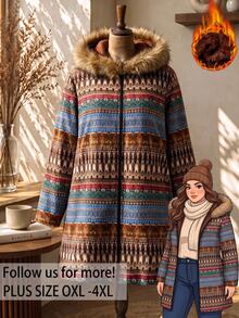 Rusticease Plus Size Women's Striped Long Sleeve Fur Collar Hooded Casual Jacket - Multicolor - View 3