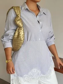 Dazy Plus Autumn Wrap Long Sleeve Light Blue Lace Patchwork Tie Waist Blouse For Commute, Wedding, Casual, Plus Size - Baby Blue - View 5